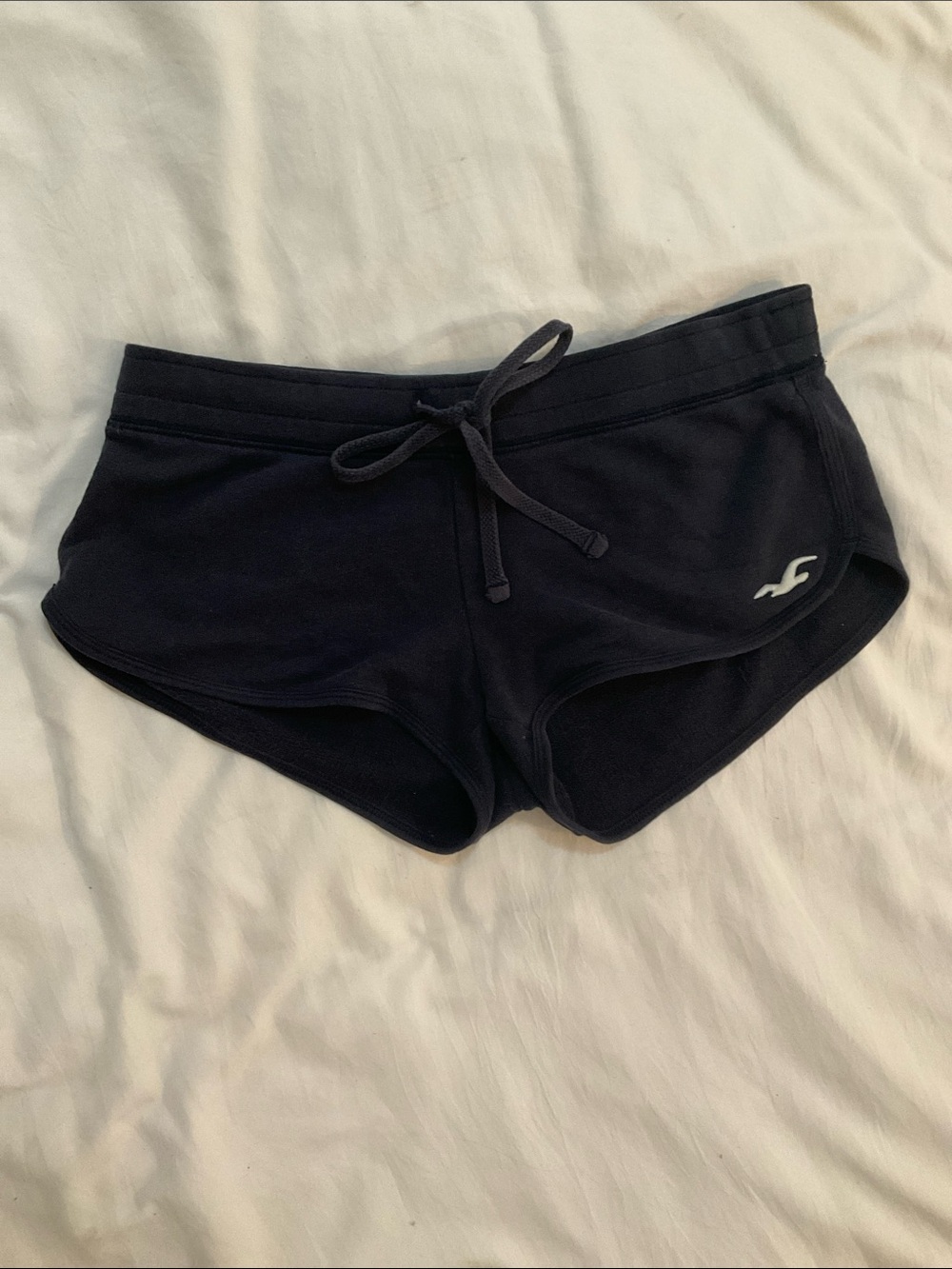 Hollister Y2K Micro Dolphin Hem Sweat Shorts Navy Drawstring Mini Low Rise-XS